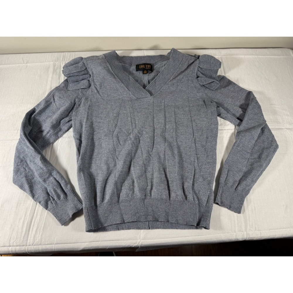 Truth by Republic Womens Gray Ruffle Puff Shoulder V-Neck Knit Sweater Medium